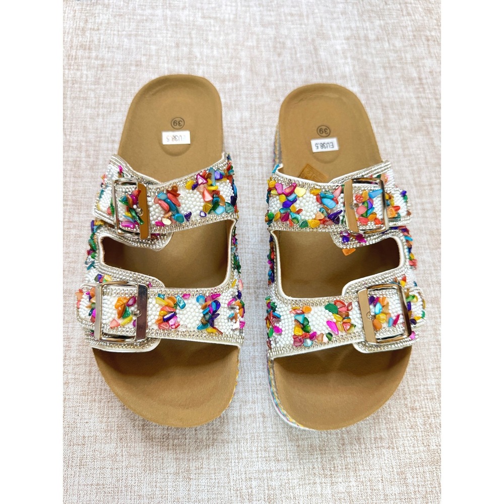Women Multi Color Beaded Stone Platform Slide Sandals Double Buckle Size 7.5-8